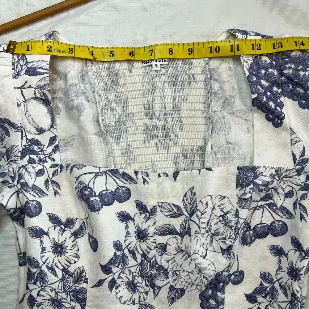 Reformation Stilton Linen Top Carla – Blue Floral Fruit Print – Size 8